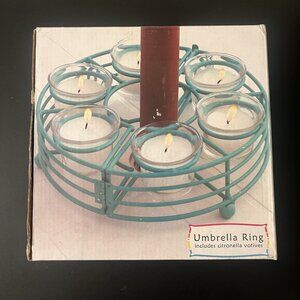 Umbrella Candle Holder Ring Includes Citronella Votives GREEN Metal White Candle
